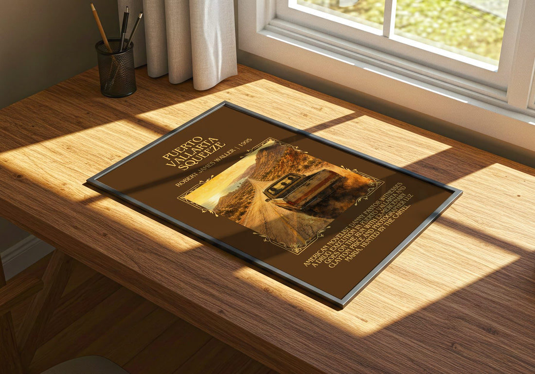 Puerto Vallarta Squeeze Minimalist Book Poster by Robert James Waller – print on a sunlit desk