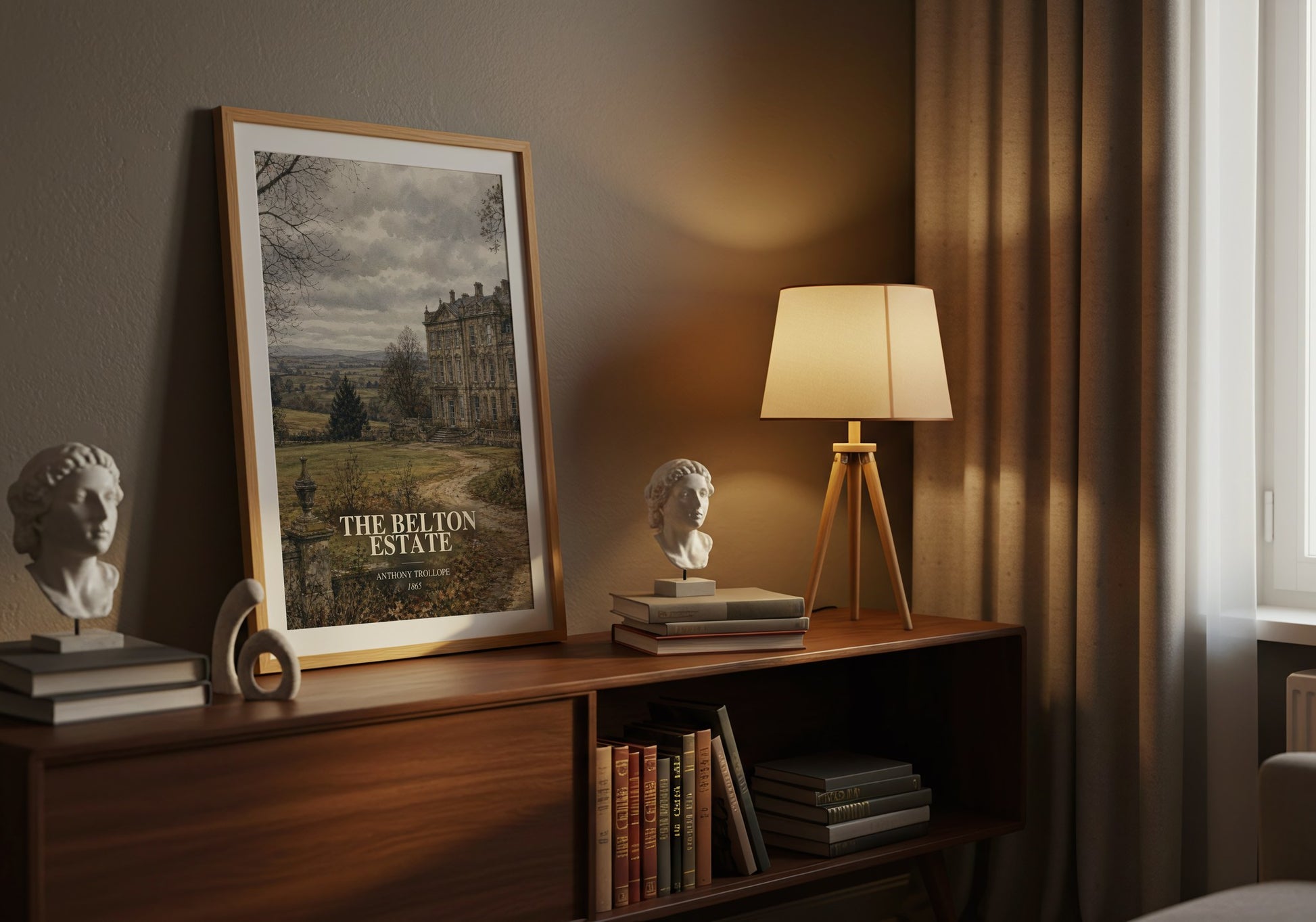 The Belton Estate watercolour print on bookshelf – Anthony Trollope fan gift