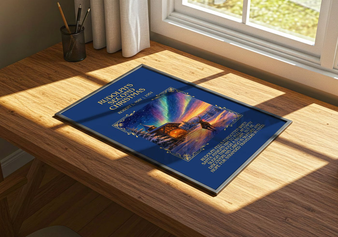 Rudolph'S Second Christmas Minimalist Book Poster by Robert L. May – print on a sunlit desk