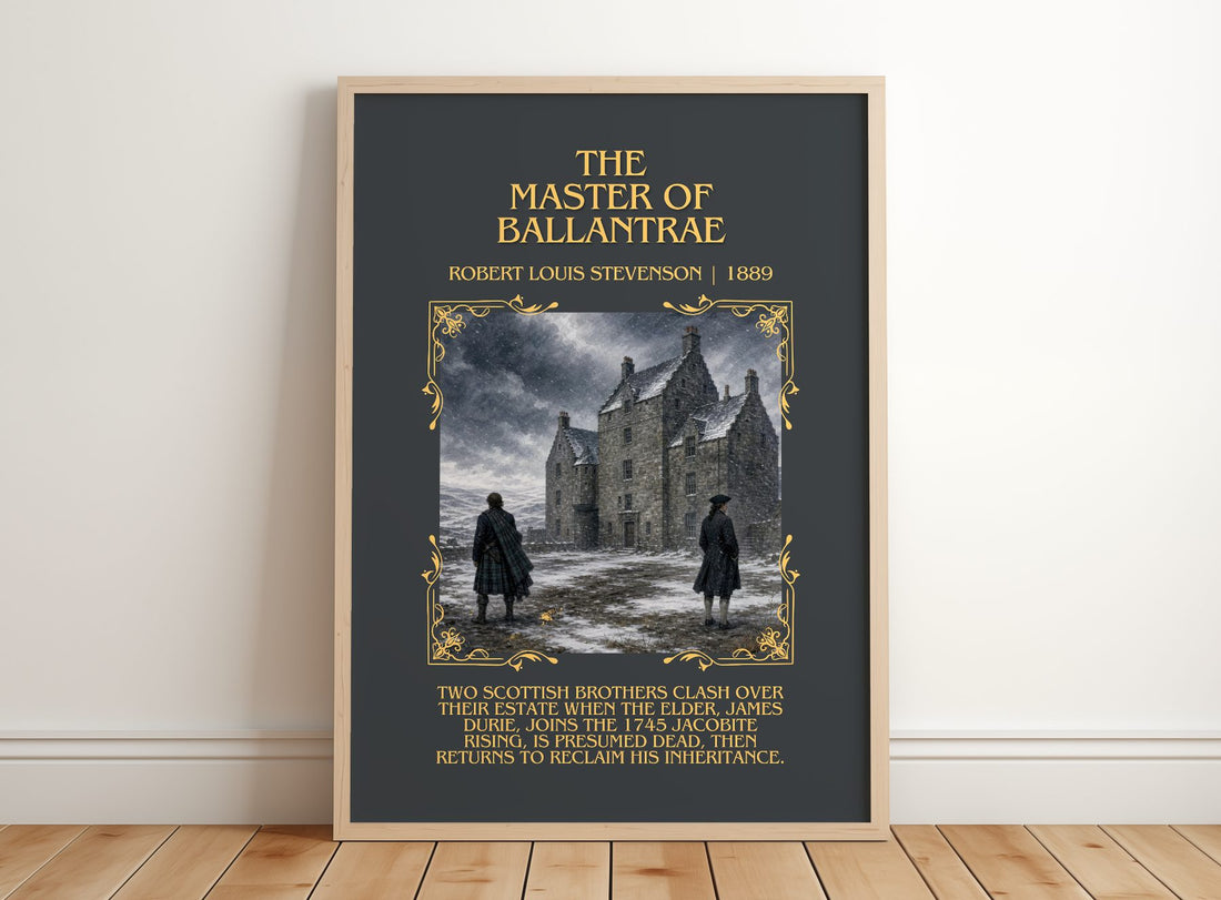 Master Of Ballantrae Minimalist Book Poster by Robert Louis Stevenson – framed print leaning on a wooden floor
