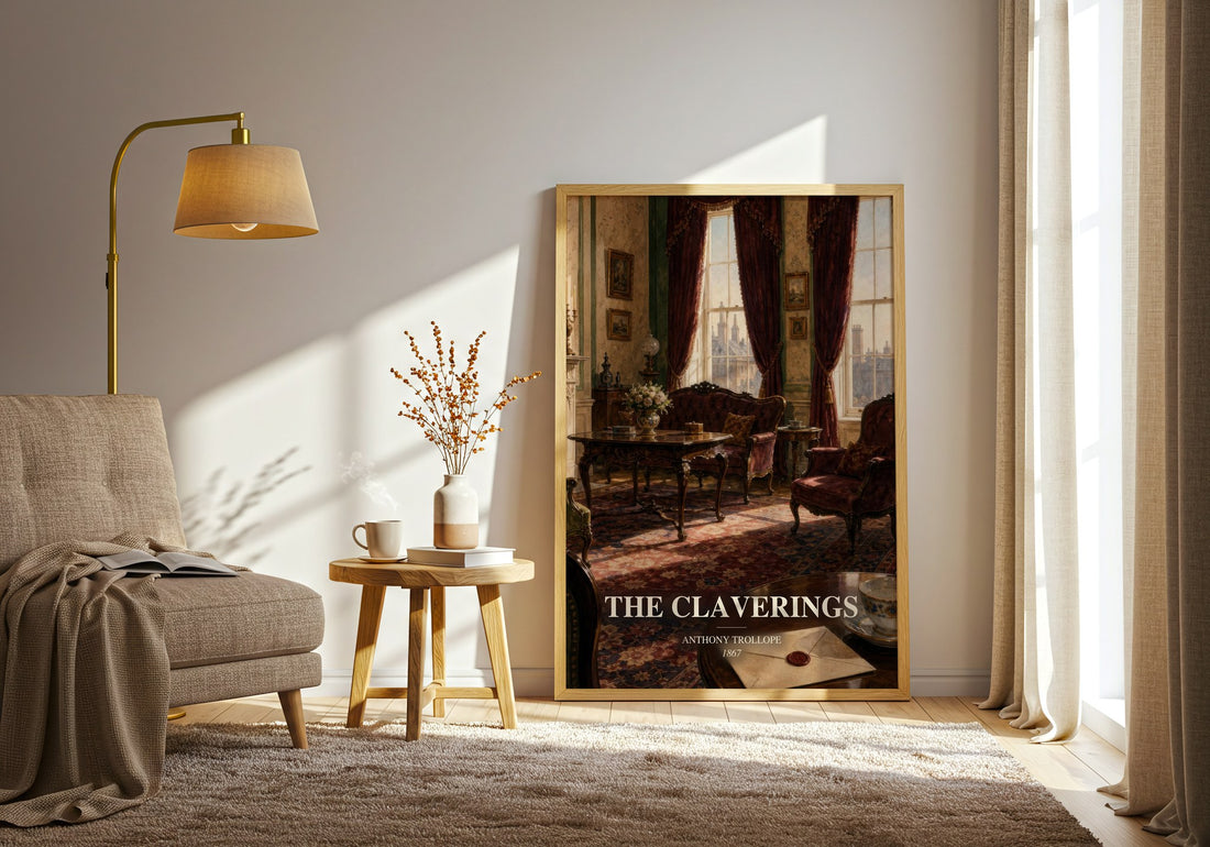 The Claverings watercolour print in frame leaning in hallway – classic literature wall art (mockup)