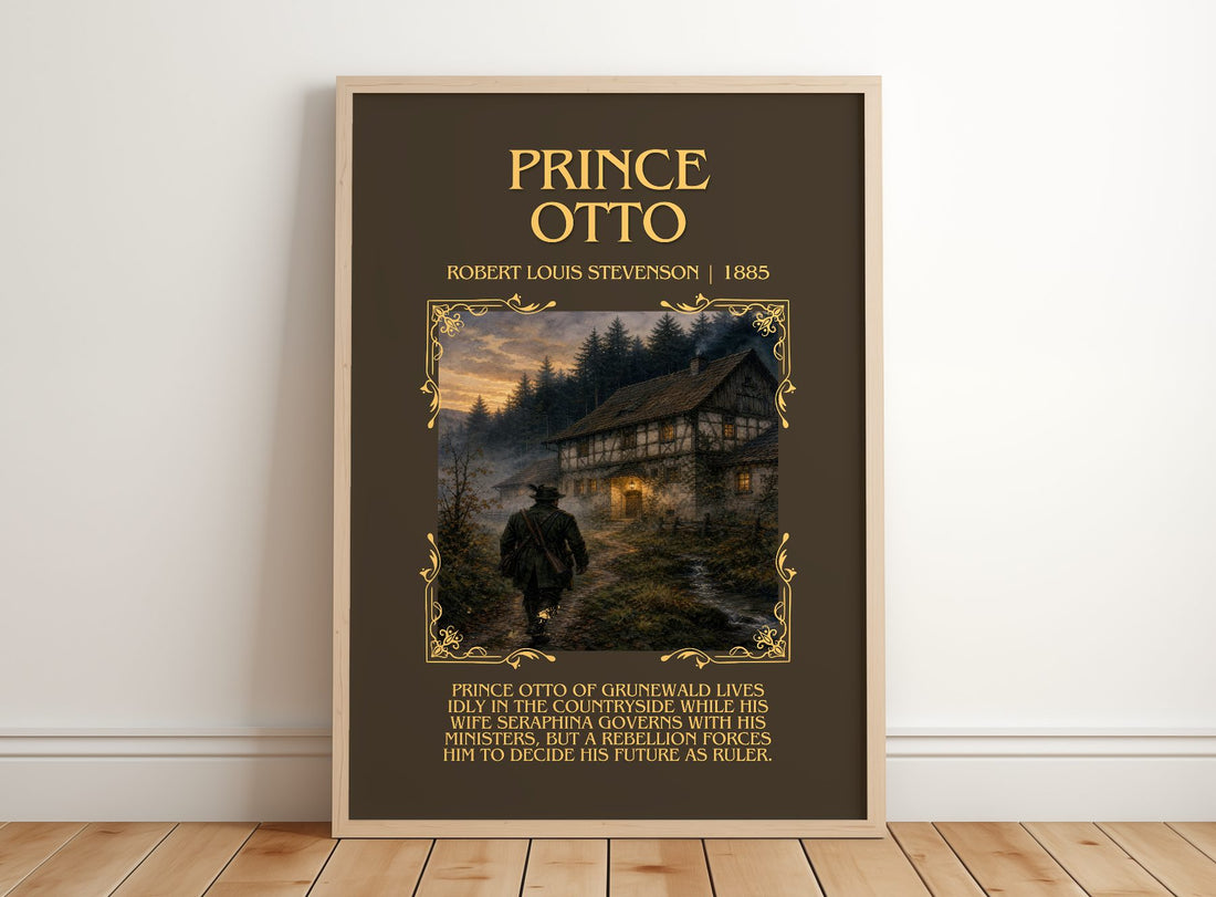 Prince Otto Minimalist Book Poster by Robert Louis Stevenson – framed print leaning on a wooden floor