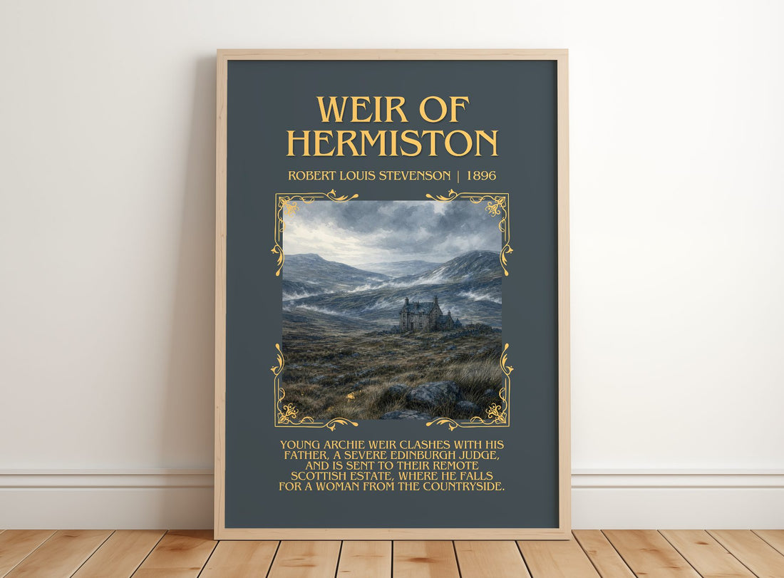 Weir Of Hermiston Minimalist Book Poster by Robert Louis Stevenson – framed print leaning on a wooden floor