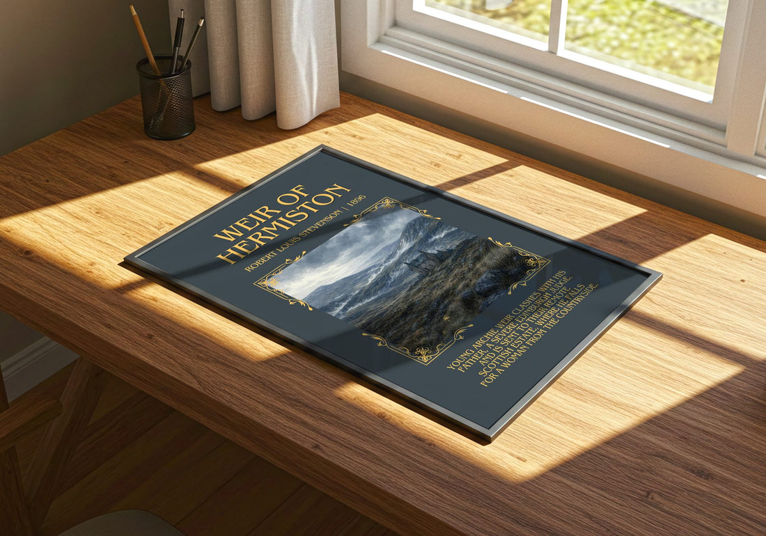 Weir Of Hermiston Minimalist Book Poster by Robert Louis Stevenson – print on a sunlit desk