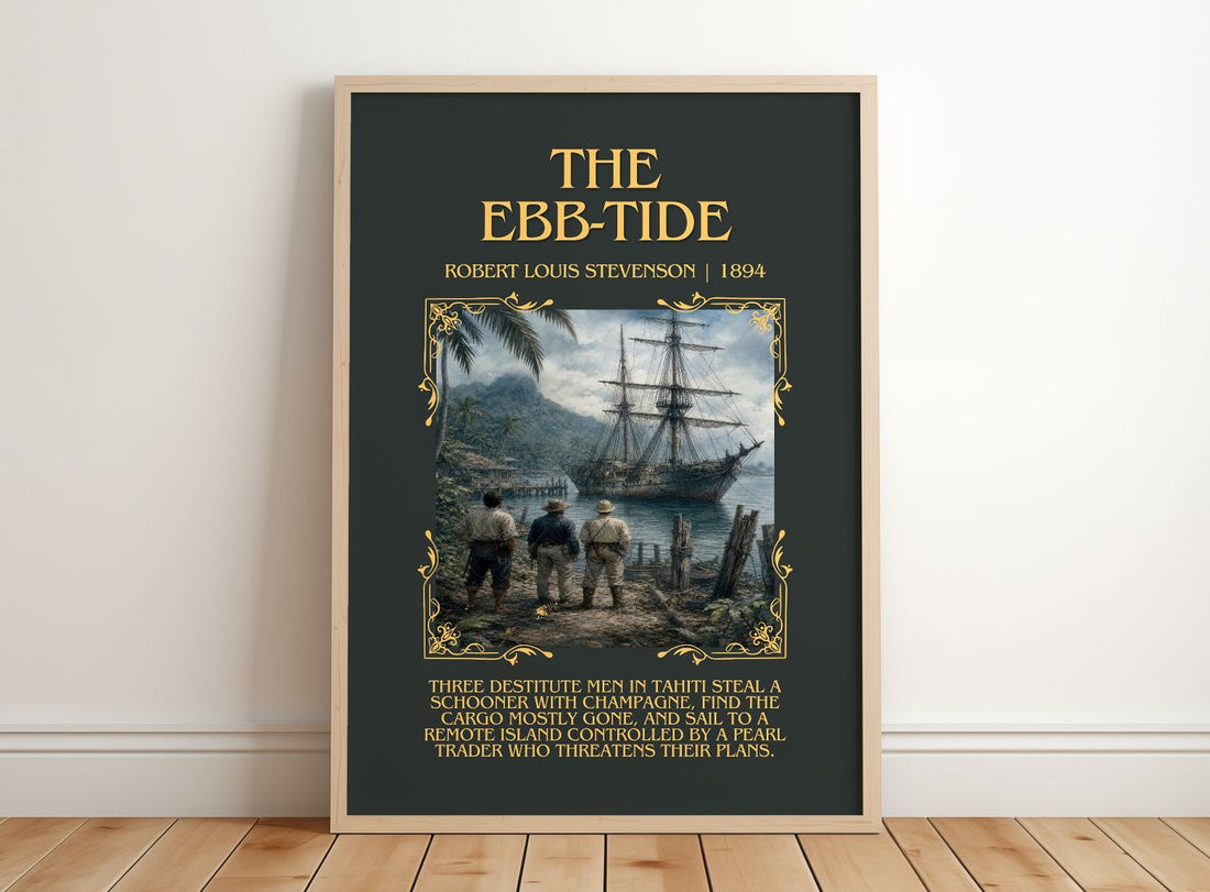 The Ebb-Tide Minimalist Book Poster by Robert Louis Stevenson – framed print leaning on a wooden floor