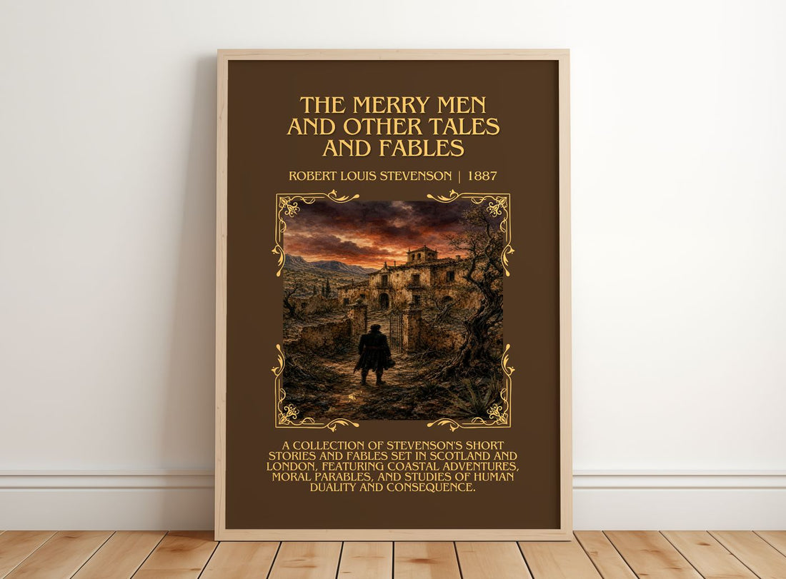 Merry Men And Other Tales And Fables Minimalist Book Poster – framed print leaning on a wooden floor