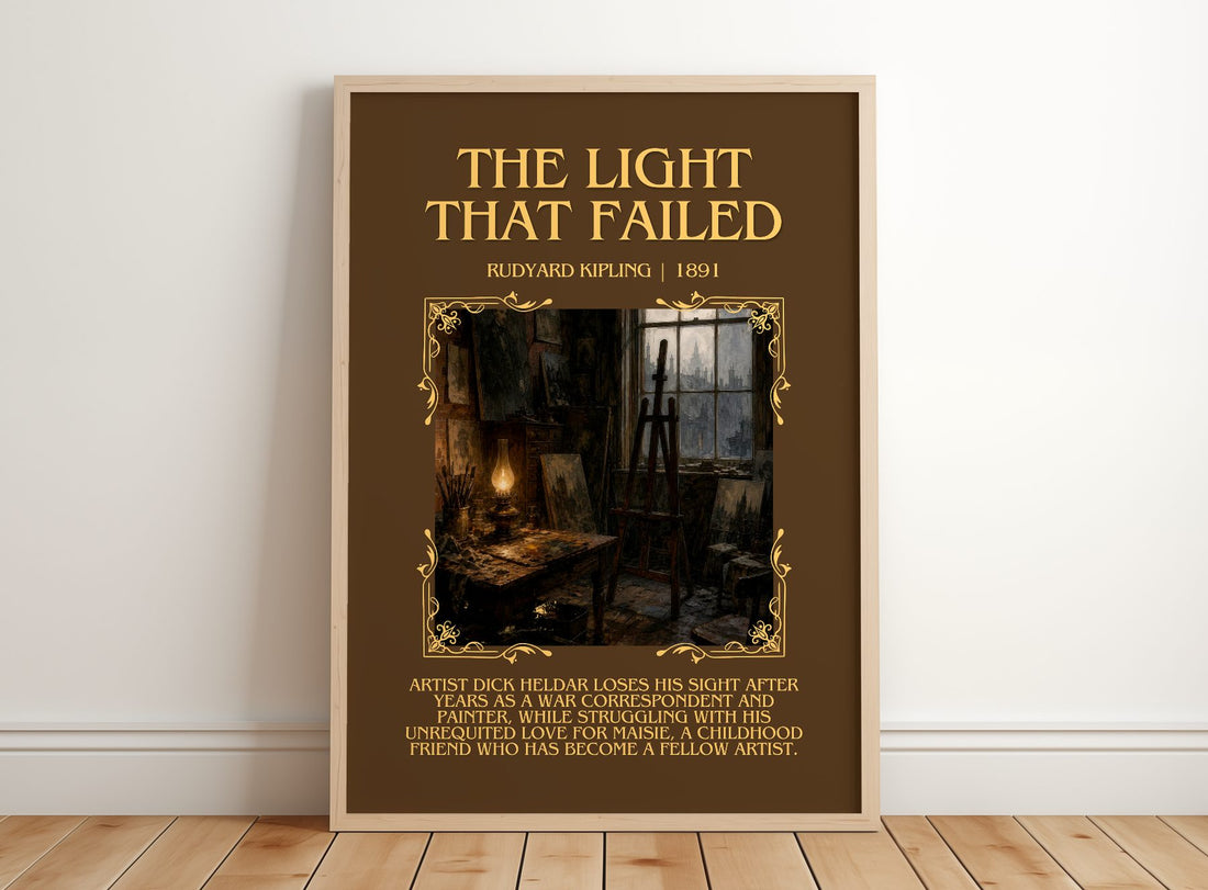 The Light That Failed Minimalist Book Poster by Rudyard Kipling – framed print leaning on a wooden floor