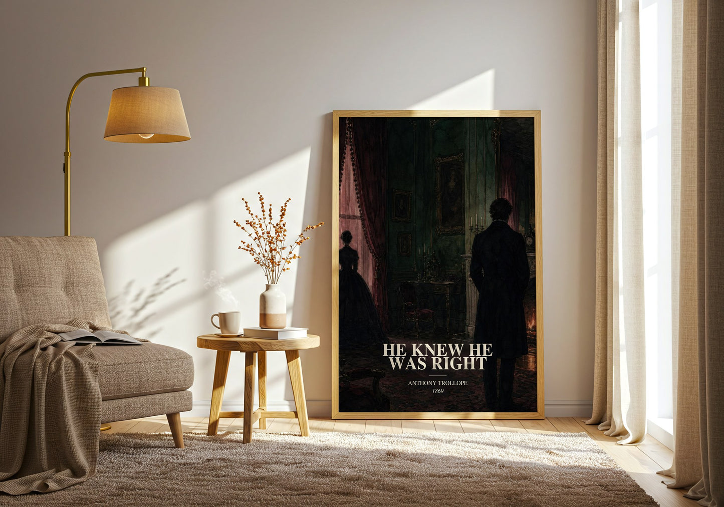 He Knew He Was Right watercolour print in frame leaning in hallway – classic literature wall art