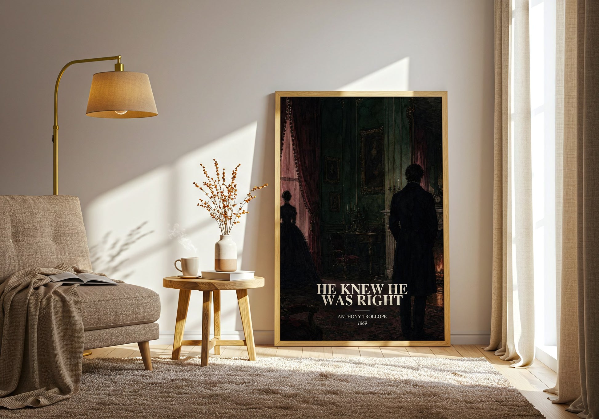He Knew He Was Right watercolour print in frame leaning in hallway – classic literature wall art