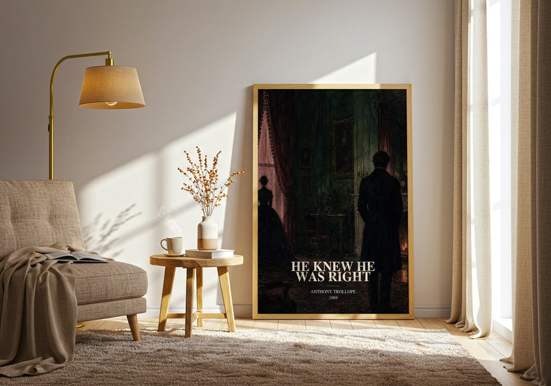 He Knew He Was Right watercolour print in frame leaning in hallway – classic literature wall art