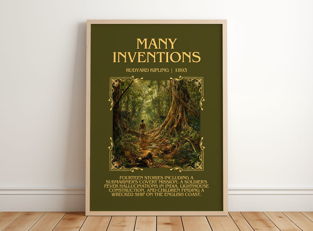 Many Inventions Minimalist Book Poster by Rudyard Kipling – framed print leaning on a wooden floor