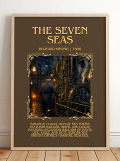 The Seven Seas Minimalist Book Poster by Rudyard Kipling – framed print leaning on a wooden floor