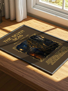 The Seven Seas Minimalist Book Poster by Rudyard Kipling – print on a sunlit desk