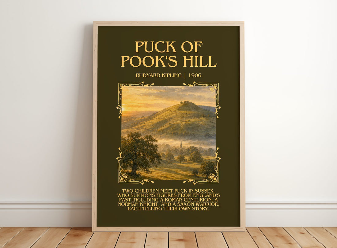 Puck Of Pook'S Hill Minimalist Book Poster by Rudyard Kipling – framed print leaning on a wooden floor