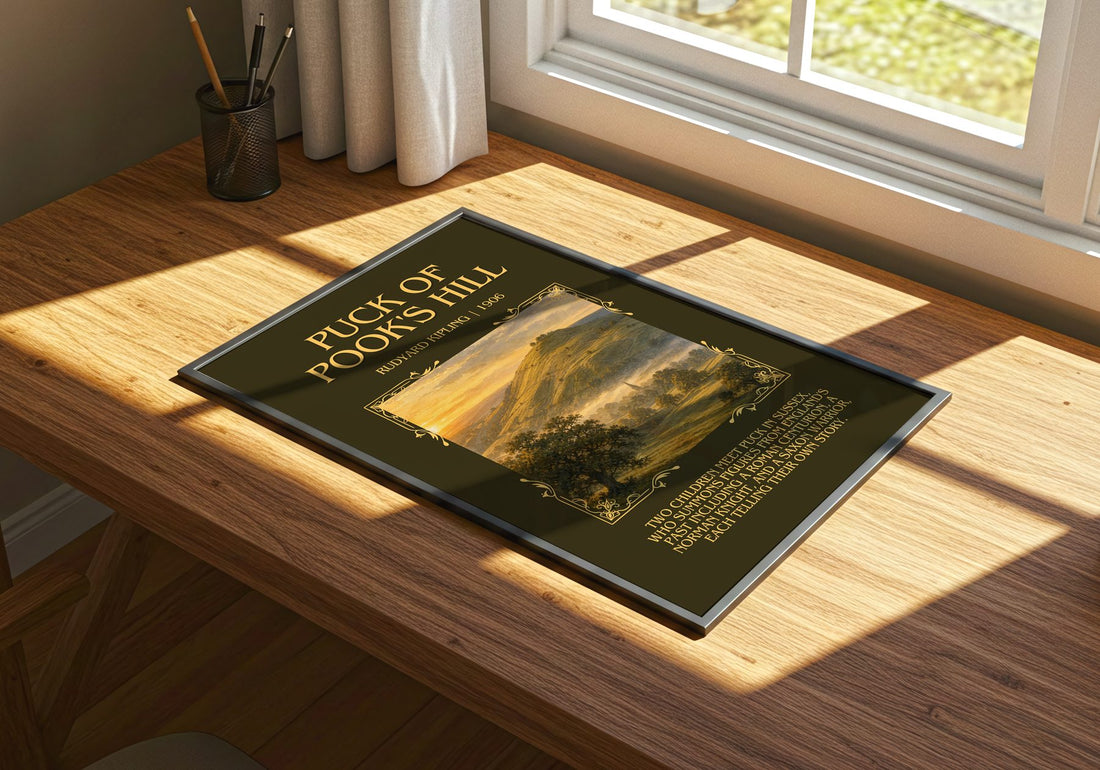 Puck Of Pook'S Hill Minimalist Book Poster by Rudyard Kipling – print on a sunlit desk