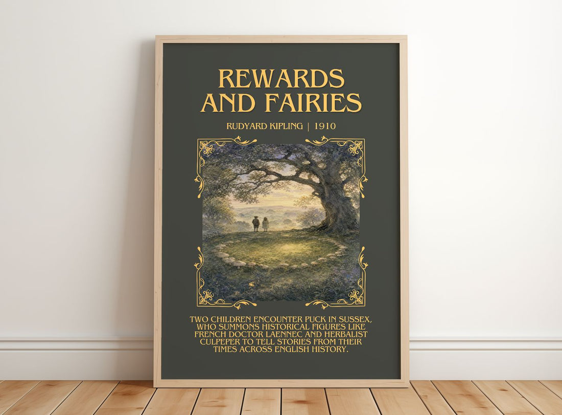 Rewards And Fairies Minimalist Book Poster by Rudyard Kipling – framed print leaning on a wooden floor