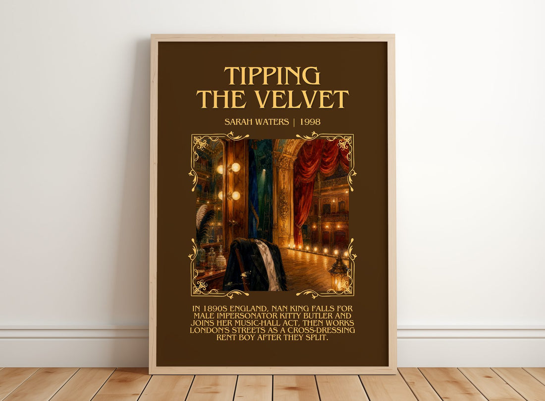 Tipping The Velvet Minimalist Book Poster by Sarah Waters – framed print leaning on a wooden floor
