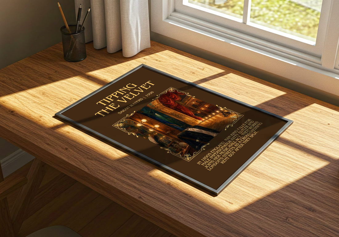 Tipping The Velvet Minimalist Book Poster by Sarah Waters – print on a sunlit desk