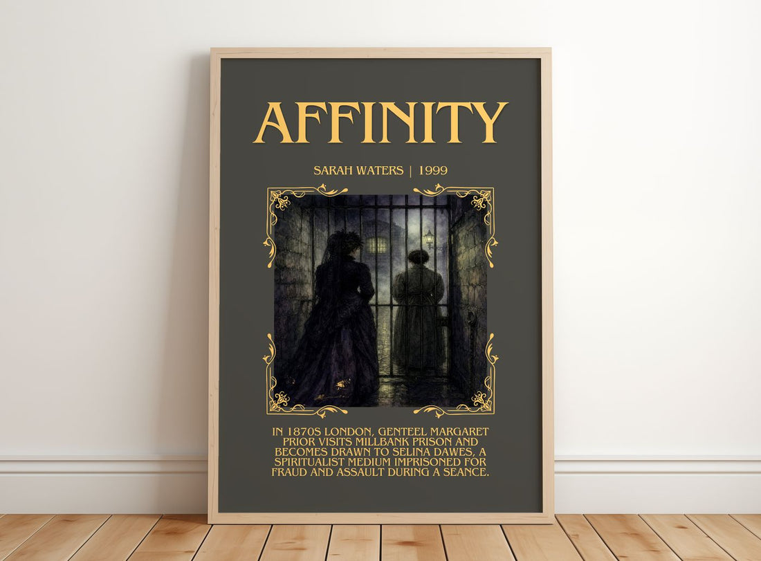 Affinity Minimalist Book Poster by Sarah Waters – framed print leaning on a wooden floor