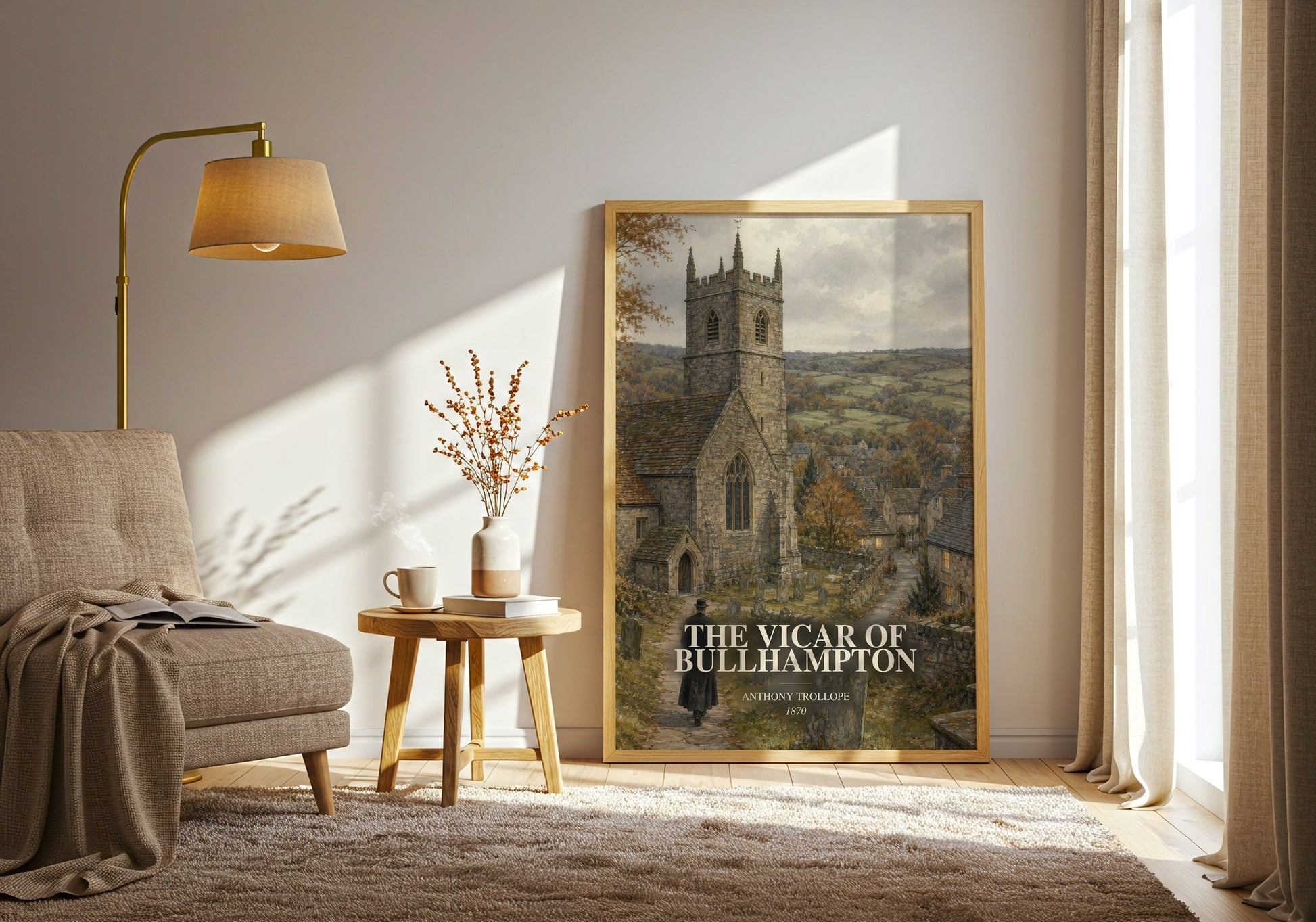 The Vicar Of Bullhampton watercolour print in frame leaning in hallway – classic literature wall art