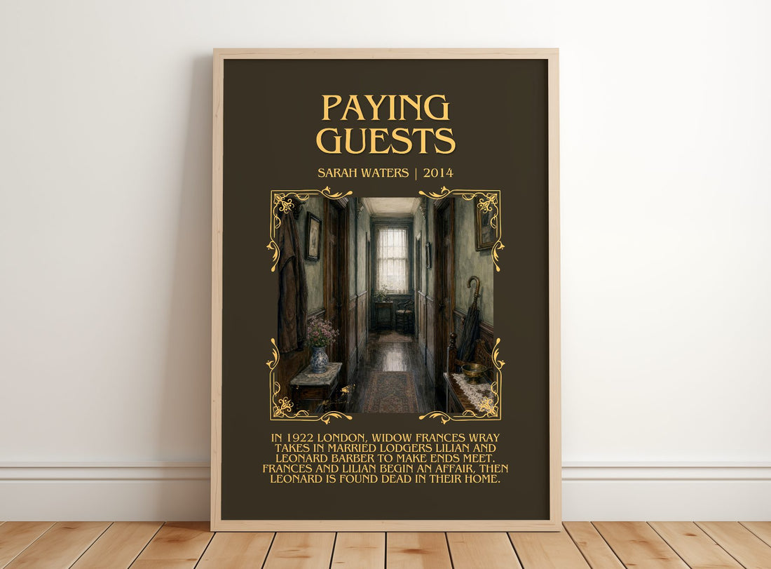 Paying Guests Minimalist Book Poster by Sarah Waters – framed print leaning on a wooden floor