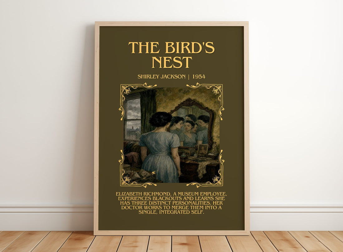 The Bird'S Nest Minimalist Book Poster by Shirley Jackson – framed print leaning on a wooden floor