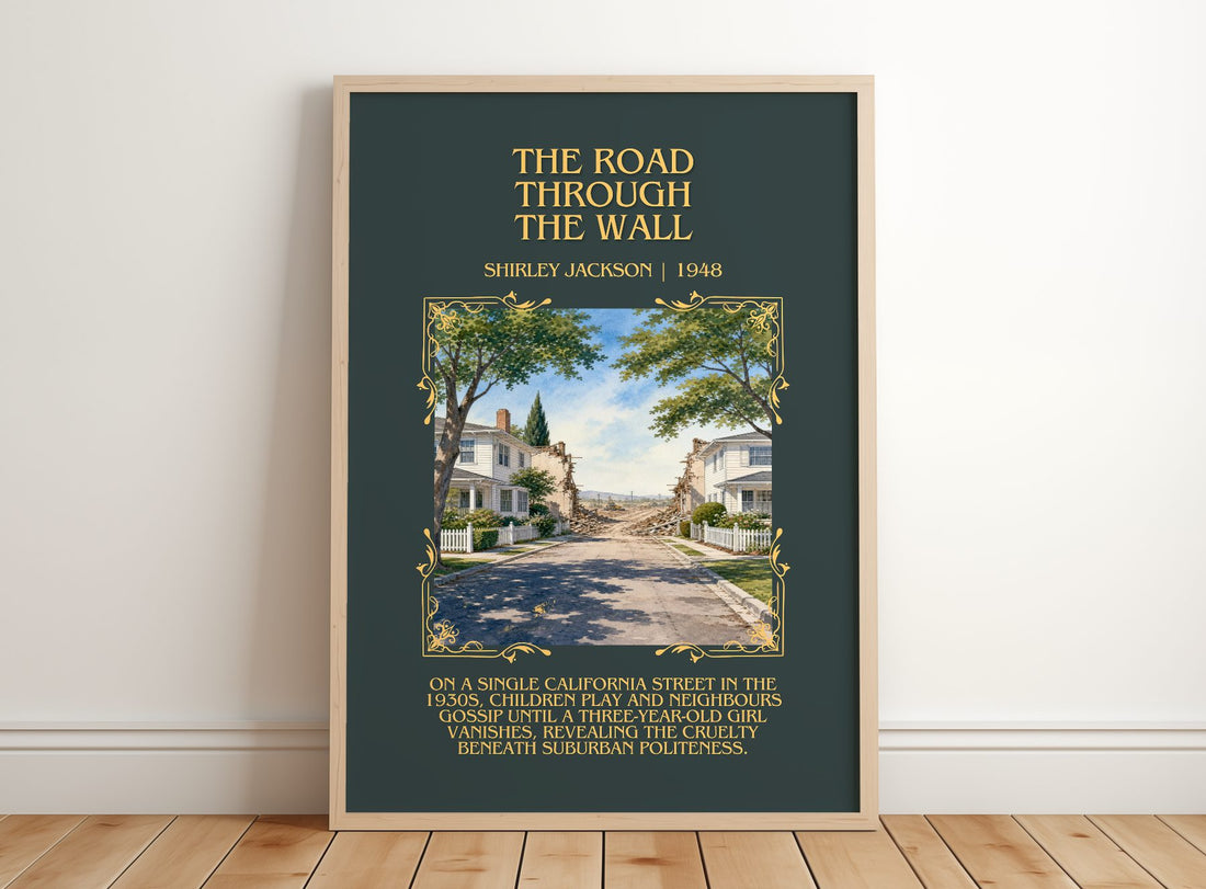The Road Through The Wall Minimalist Book Poster by Shirley Jackson – framed print leaning on a wooden floor