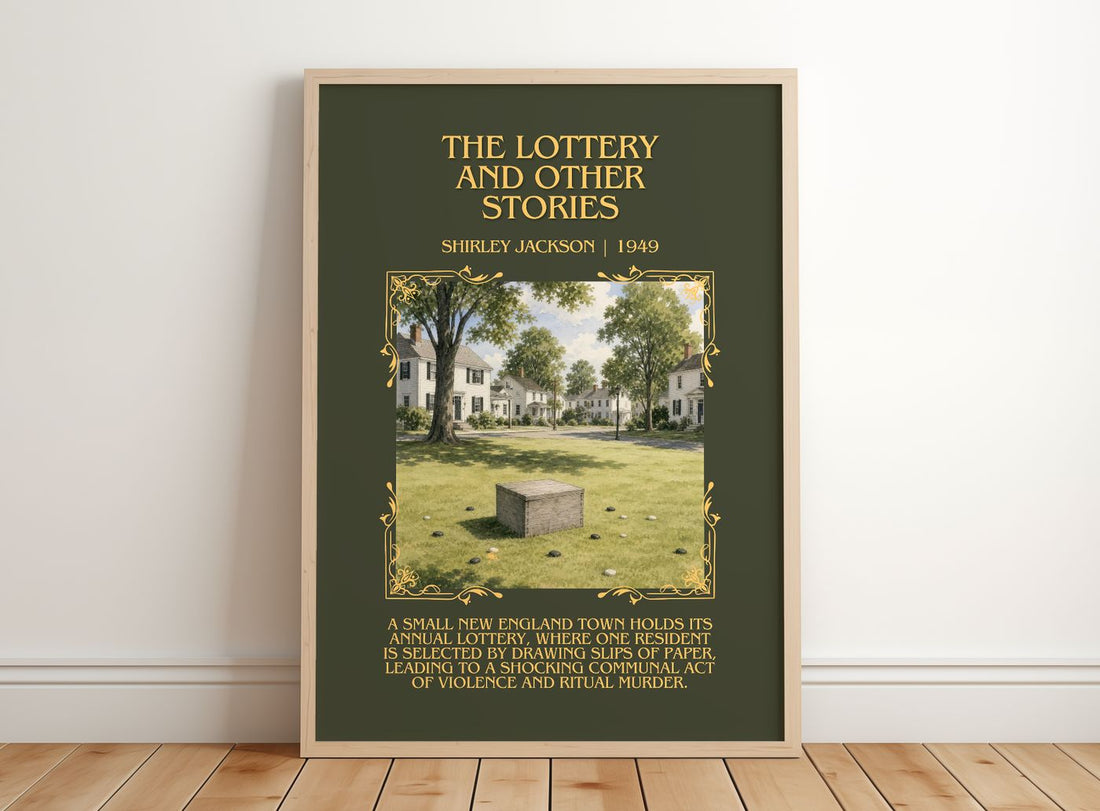 Lottery And Other Stories Minimalist Book Poster by Shirley Jackson – framed print leaning on a wooden floor