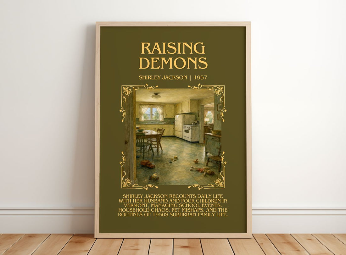 Raising Demons Minimalist Book Poster by Shirley Jackson – framed print leaning on a wooden floor