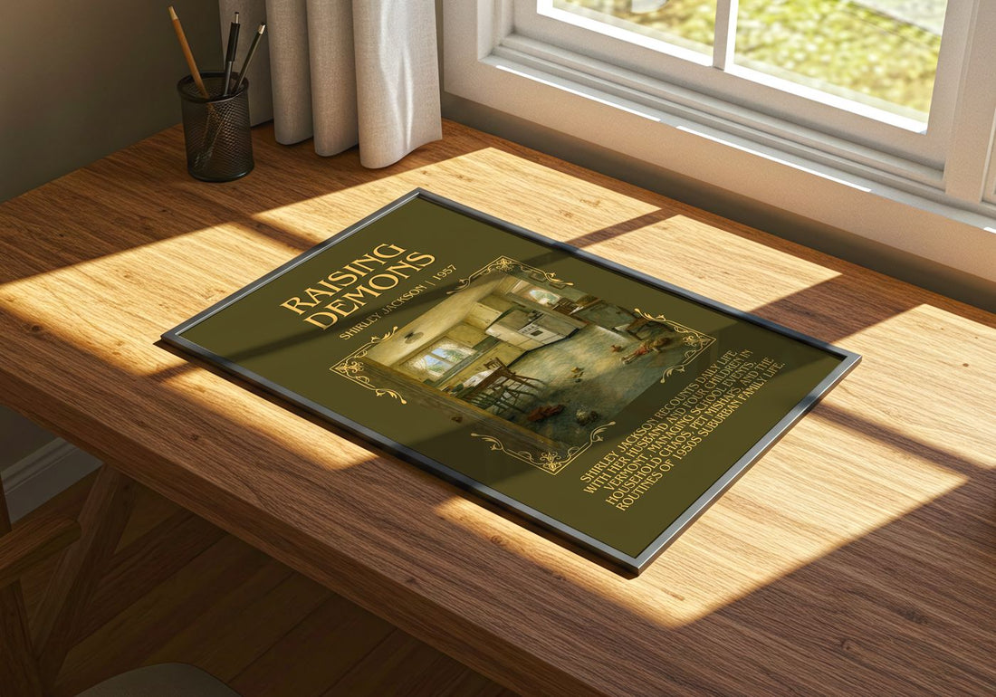 Raising Demons Minimalist Book Poster by Shirley Jackson – print on a sunlit desk