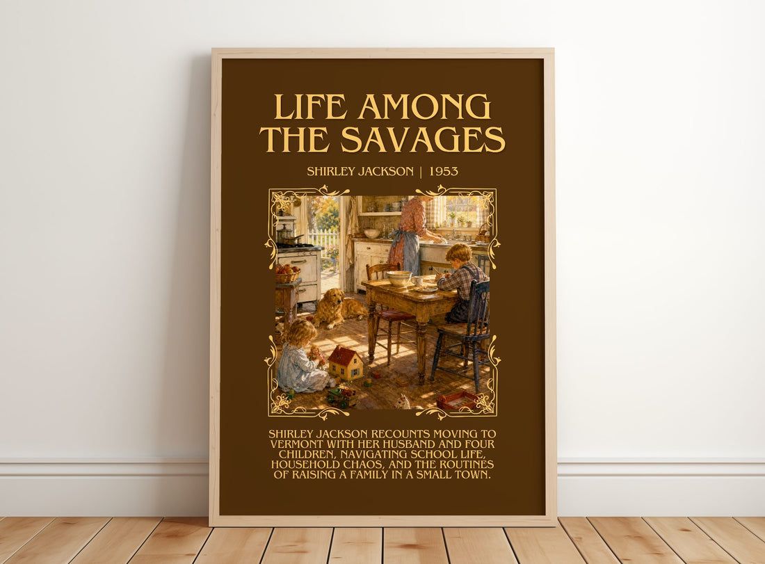 Life Among The Savages Minimalist Book Poster by Shirley Jackson – framed print leaning on a wooden floor