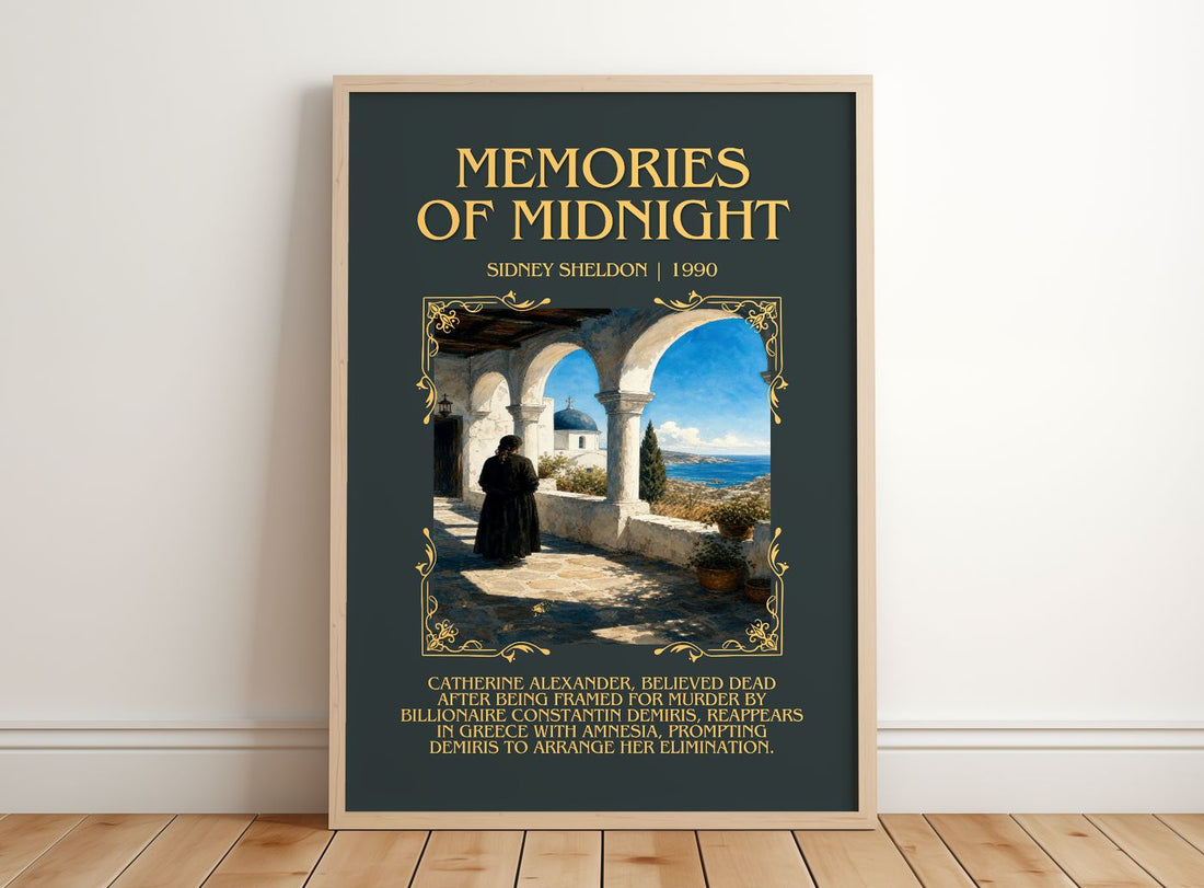 Memories Of Midnight Minimalist Book Poster by Sidney Sheldon – framed print leaning on a wooden floor