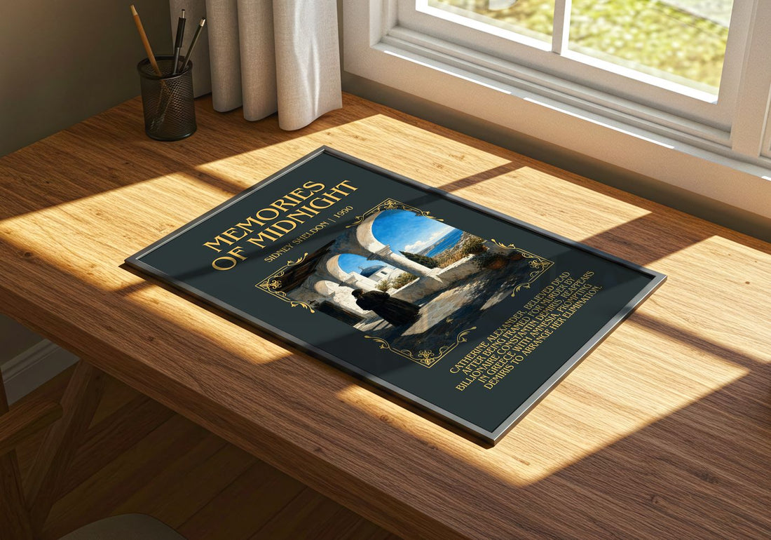 Memories Of Midnight Minimalist Book Poster by Sidney Sheldon – print on a sunlit desk