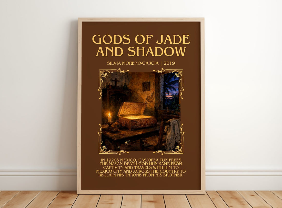 Gods Of Jade And Shadow Minimalist Book Poster by Silvia Moreno-Garcia – framed print leaning on a wooden floor