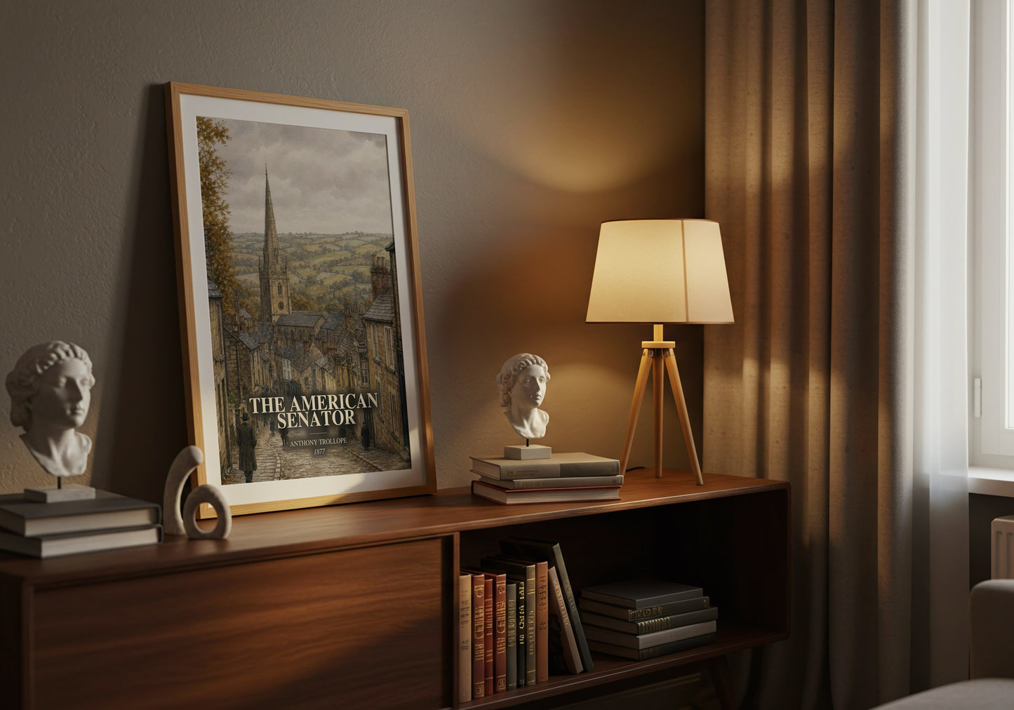 The American Senator watercolour print on bookshelf – Anthony Trollope fan gift