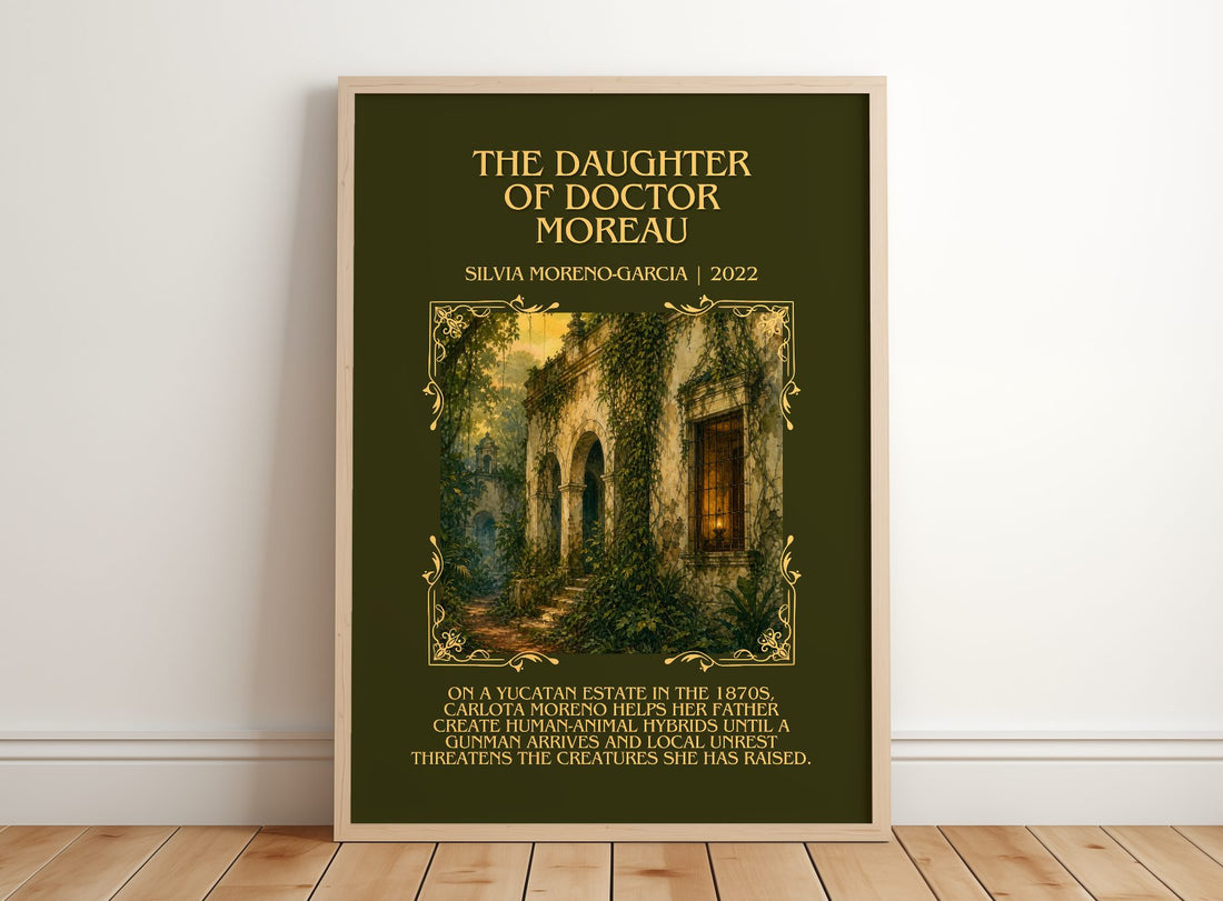 Daughter Of Doctor Moreau Minimalist Book Poster by S. Moreno-Garcia – framed print leaning on a wooden floor