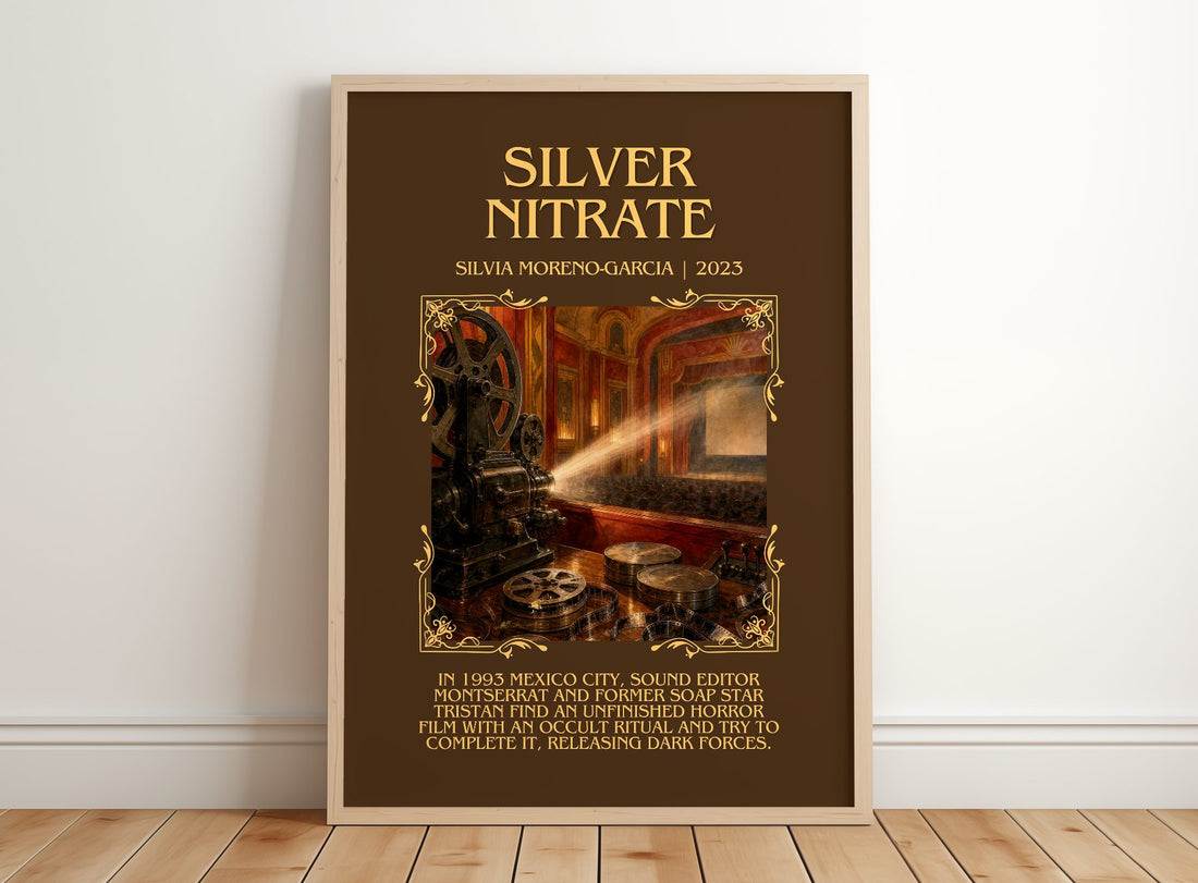 Silver Nitrate Minimalist Book Poster by Silvia Moreno-Garcia – framed print leaning on a wooden floor