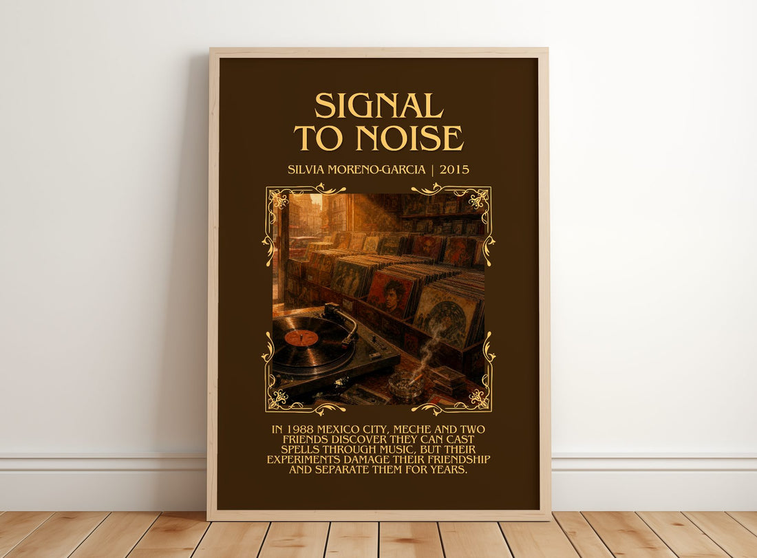 Signal To Noise Minimalist Book Poster by Silvia Moreno-Garcia – framed print leaning on a wooden floor