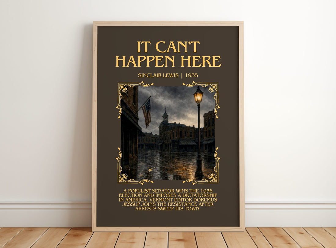 It Can'T Happen Here Minimalist Book Poster by Sinclair Lewis – framed print leaning on a wooden floor