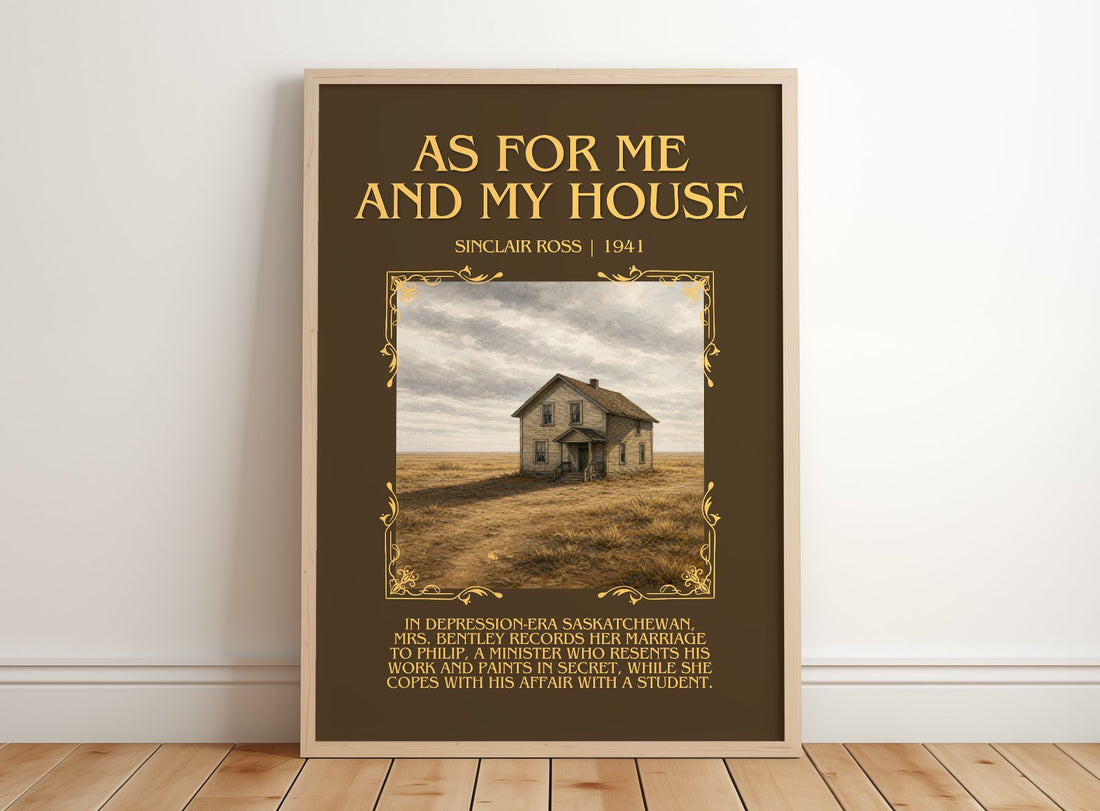 As For Me And My House Minimalist Book Poster by Sinclair Ross – framed print leaning on a wooden floor