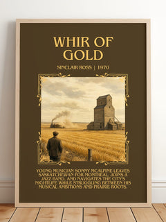 Whir Of Gold Minimalist Book Poster by Sinclair Ross – framed print leaning on a wooden floor