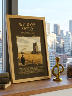 Whir Of Gold Minimalist Book Poster by Sinclair Ross – framed print on a city-view windowsill