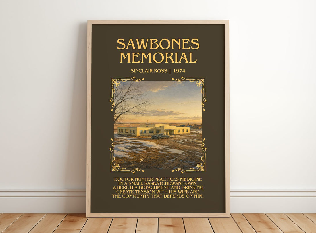 Sawbones Memorial Minimalist Book Poster by Sinclair Ross – framed print leaning on a wooden floor