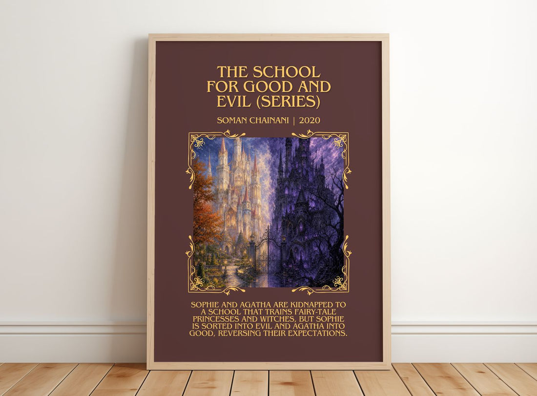 School For Good And Evil (Series) Minimalist Book Poster – framed print leaning on a wooden floor