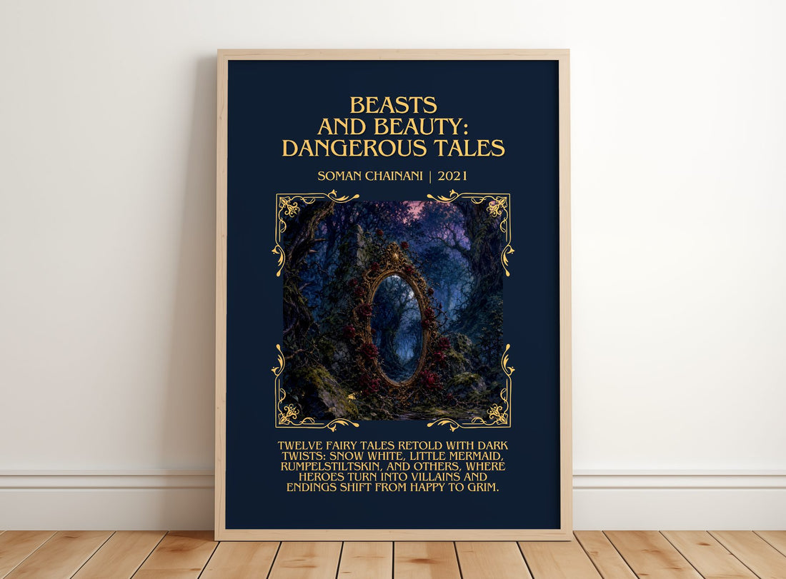 Beasts And Beauty: Dangerous Tales Minimalist Book Poster – framed print leaning on a wooden floor
