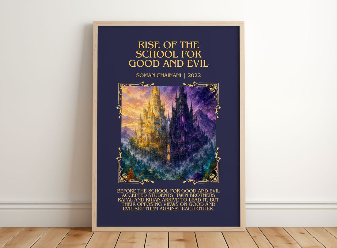 Rise Of The School For Good And Evil Minimalist Book Poster – framed print leaning on a wooden floor