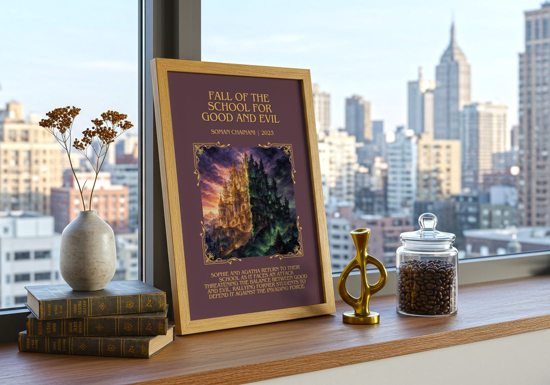 Fall Of The School For Good And Evil Minimalist Book Poster – framed print on a city-view windowsill