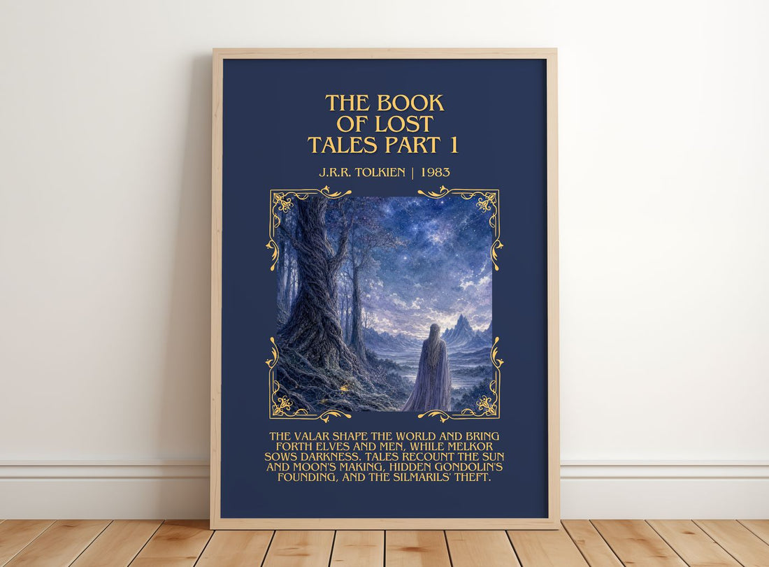 The Book Of Lost Tales Part 1 Minimalist Book Poster by J.R.R. Tolkien – framed print leaning on a wooden floor