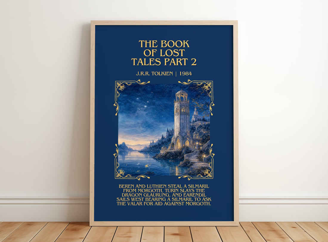 The Book Of Lost Tales Part 2 Minimalist Book Poster by J.R.R. Tolkien – framed print leaning on a wooden floor