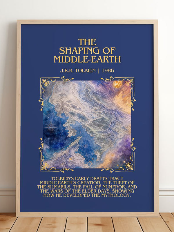 The Shaping Of Middle-Earth Minimalist Book Poster by J.R.R. Tolkien – framed print leaning on a wooden floor